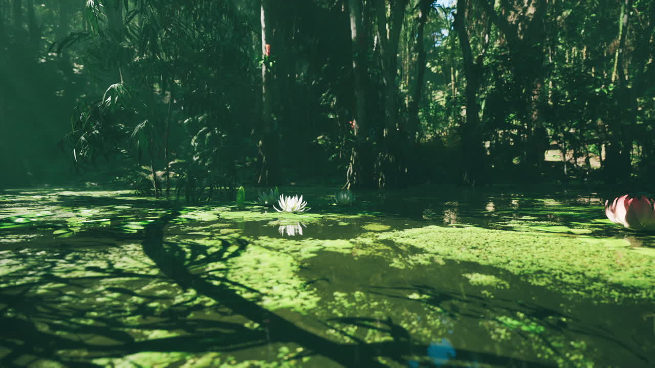 빛 시간 에 울창 한 초록 숲 에 있는 조용 한 수풀 연못