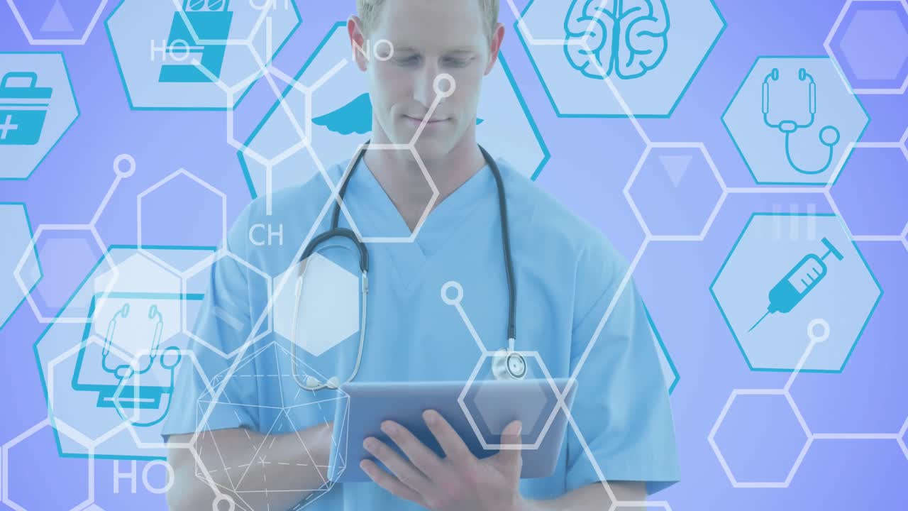 animación de iconos médicos y estructuras químicas sobre médico caucásico usando una tableta.