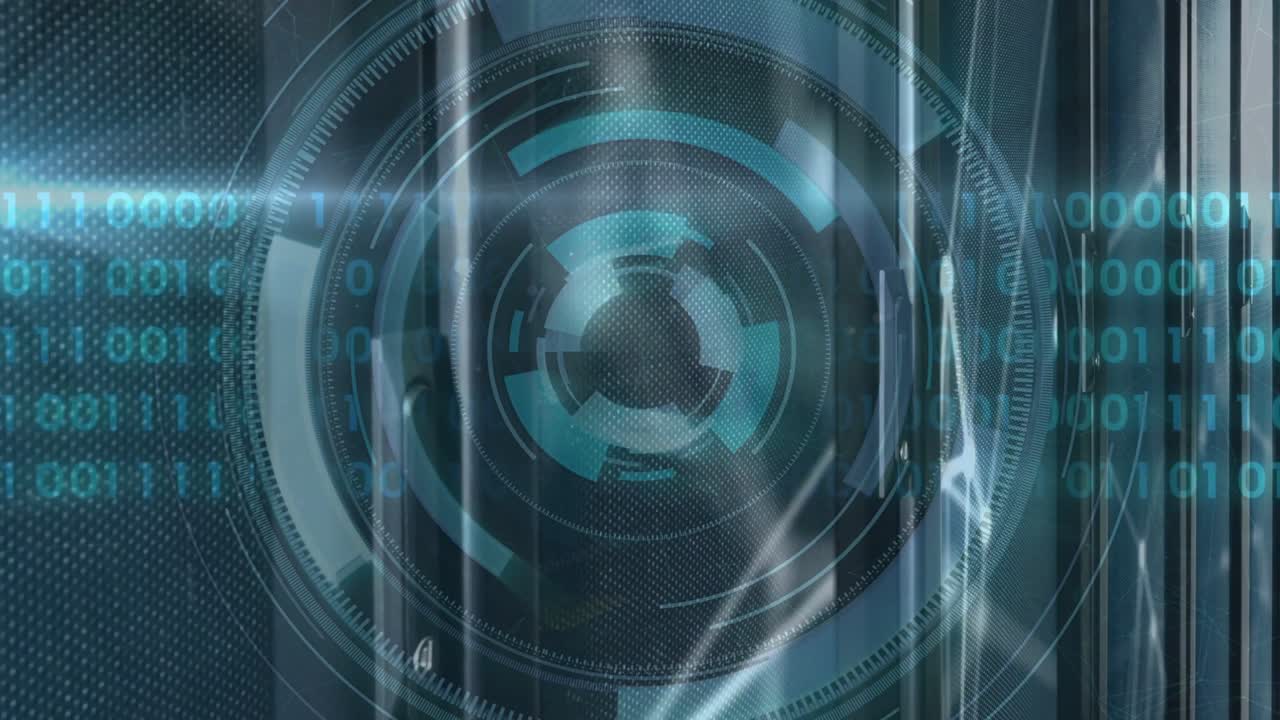On startup central HUD forming, rotating and pulsing while binary columns appearing, signaling scan