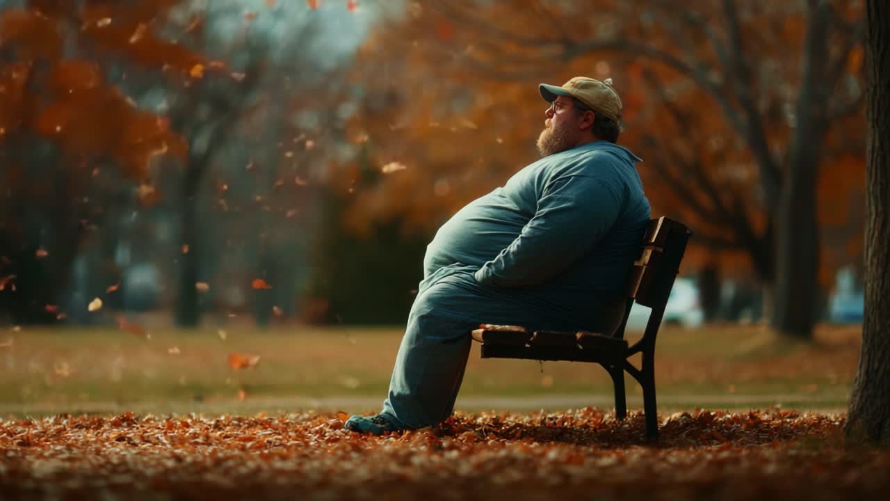A contemplative moment in autumn, showcasing a man seated on a bench, surrounded by fallen leaves, capturing the essence of solitude and reflection in nature's beautiful scenery