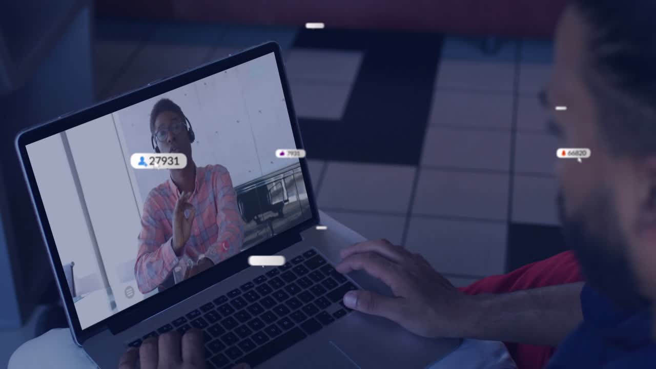 Viewer typing launching floating social media counters climbing past 77k tracking engagement