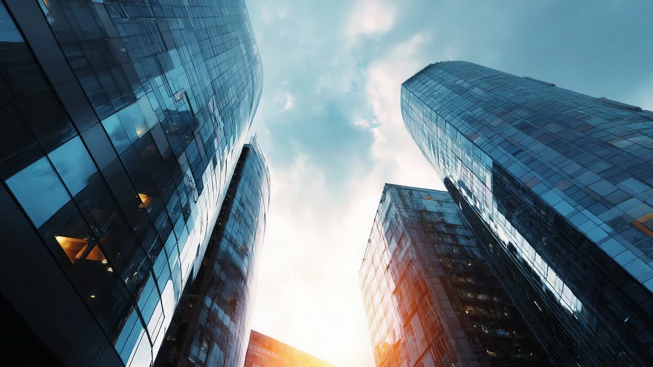 Glistening Skyscrapers Towering in the Skyline, Reflecting the Vivid Blue of the Sky and Brightening the Urban Landscape Amidst Dramatic Clouds at Dusk