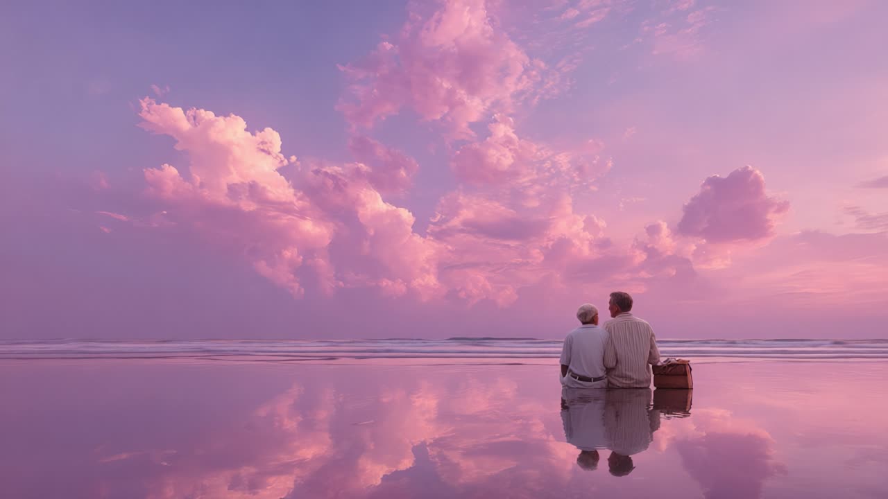 夕暮れ時の穏やかなひととき。岸辺でくつろぐ二人が、波の静けさと水面に映るカラフルな反射の美しさを楽しむ。