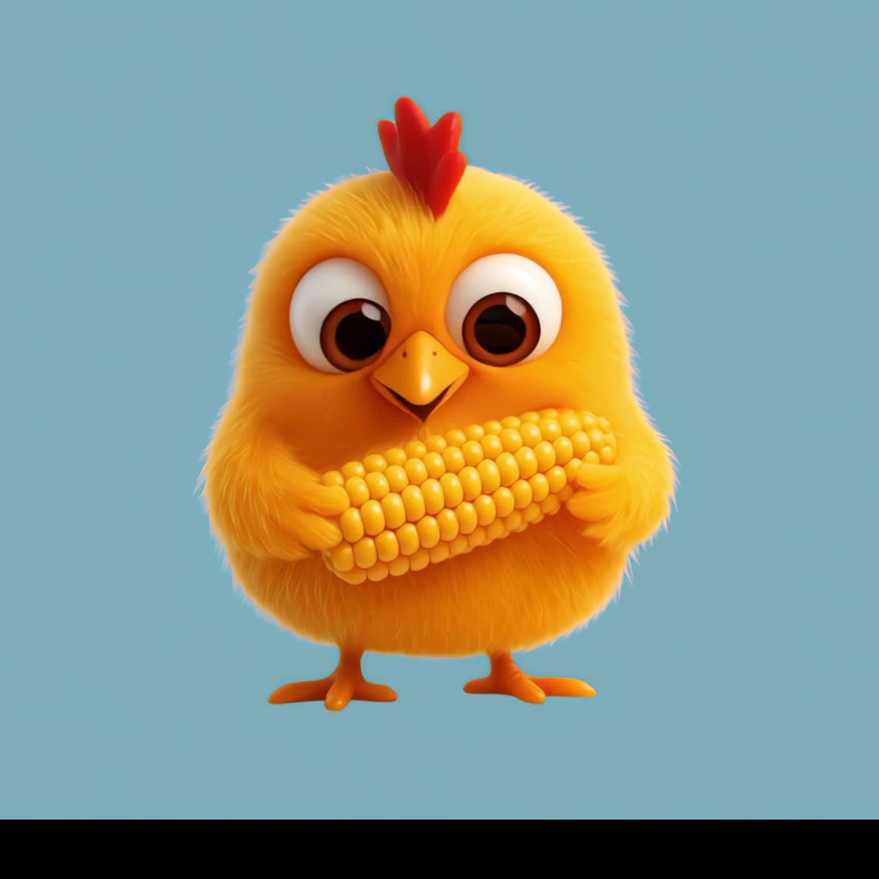 Animación de un tierno pollito de dibujos animados sosteniendo maíz, recurso aislado, video 4K transparente, canal alfa