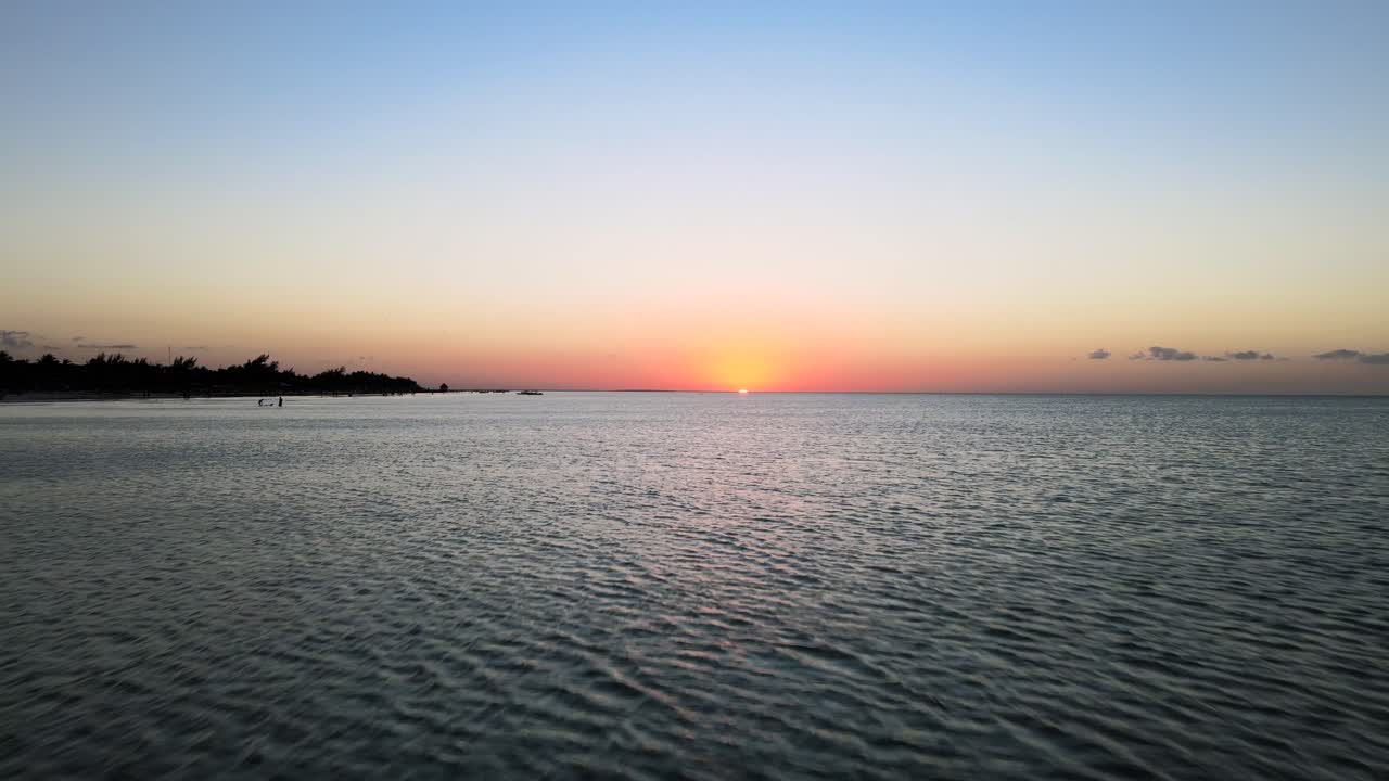 tiro de dron de gran angular yendo rápido justo por encima del agua azul turquesa frente a la costa de la isla de holbox con pájaros volando más allá del marco durante la puesta de sol ubicado en méxico filmado en 4k