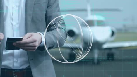 animation of globe and data processing over businessman using smartphone on the airport