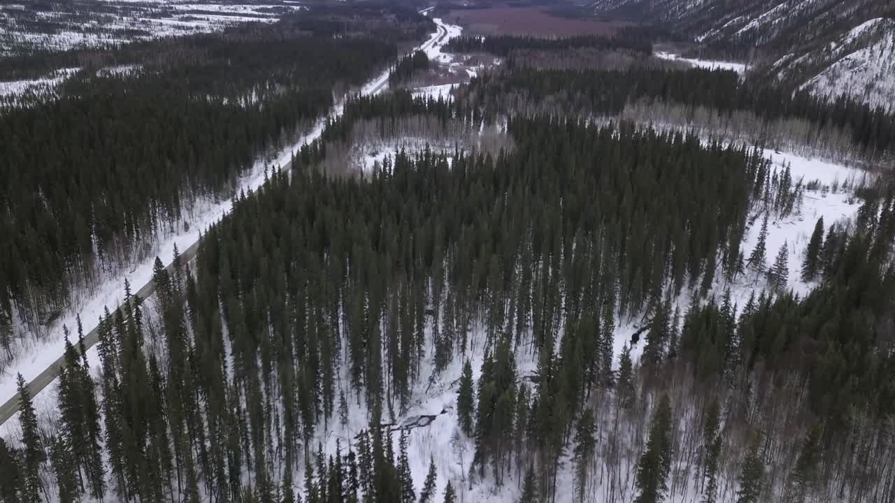 медленный аэрофотоснимок дикой природы аляски, дорога к горячим источникам чена, замерзшая река