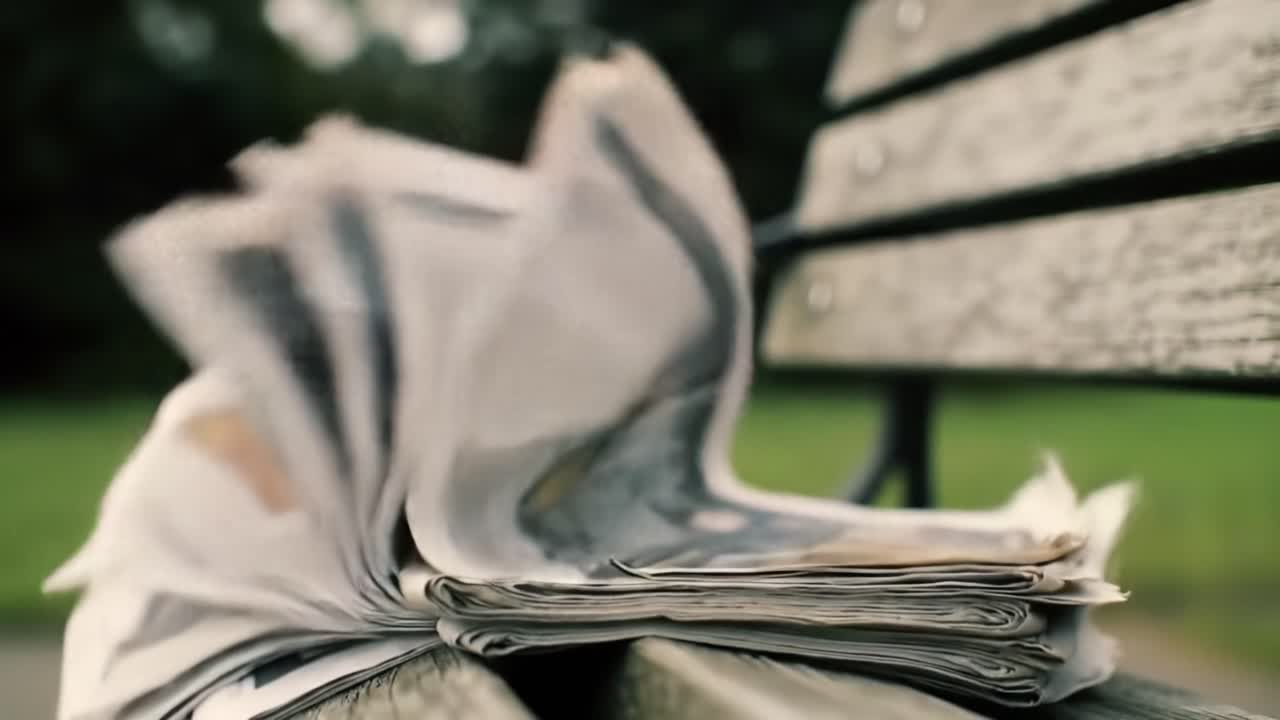 A Series of Blurred Frames Capturing the Dynamic Movement of Newspapers on a Park Bench in the Gentle Breeze, Illustrating the Emotive Essence of Everyday Life