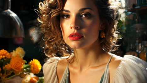 elegant woman with curly hair posing in flower-filled kitchen