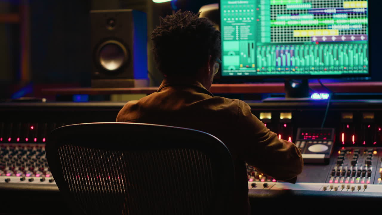 African american sound designer mixing and mastering tracks in studio