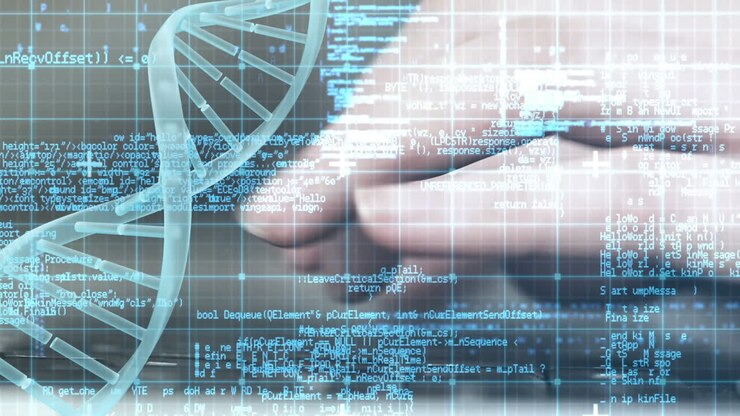 Hands typing on keyboard with digital code and DNA