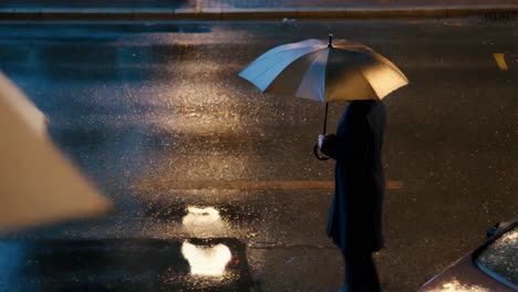 person walking in the rain at night