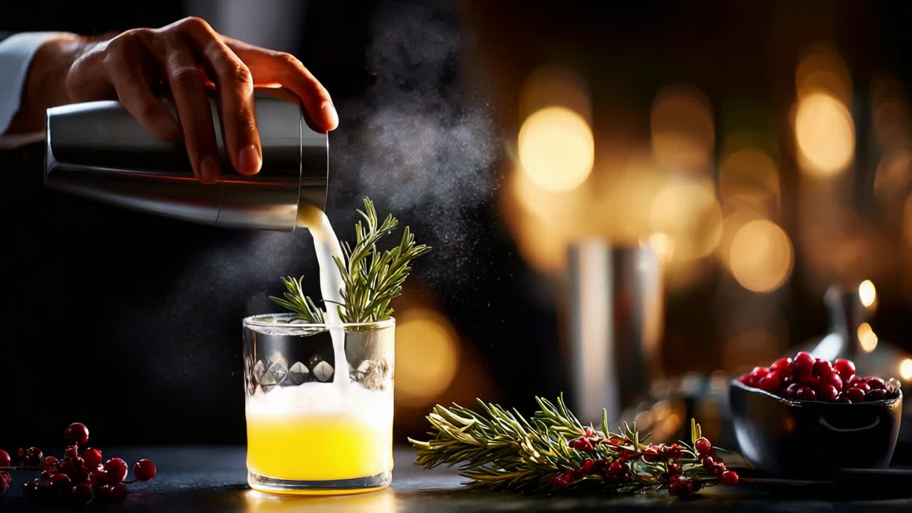 Crafting Exquisite Cocktails: A Bartender Skillfully Shakes a Shimmering Blend of Fresh Ingredients, Perfectly Combined for a Luxurious Drink Experience in a Cozy Atmosphere