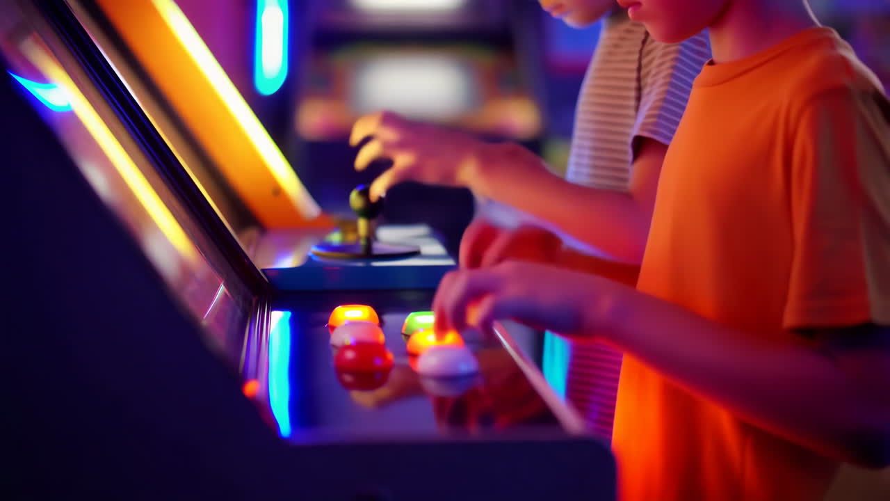 Bambini che giocano a videogiochi arcade in una sala giochi illuminata a giorno