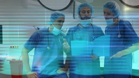 Animation-of-network-of-connections-over-surgeons-talking-in-operating-theatre