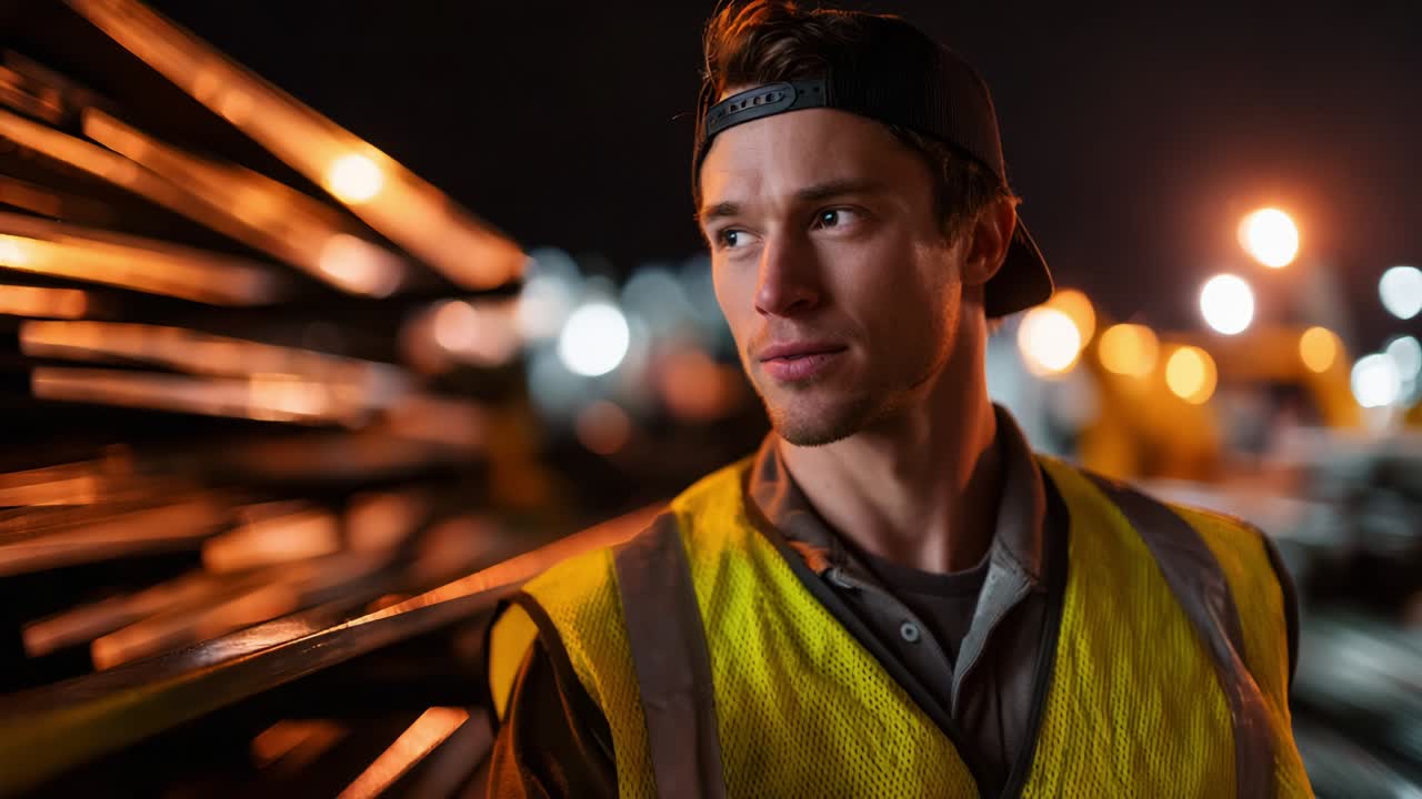 A focused and dedicated worker in a reflective vest stands confidently amidst stacks of metal at a nighttime industrial site, showcasing determination and resilience in a bustling work environment
