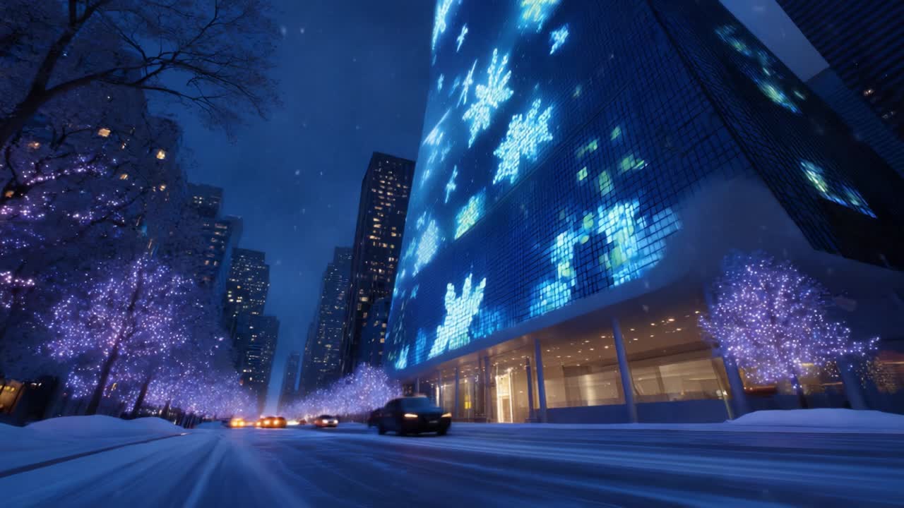 Beautiful winter cityscape at night featuring a vibrant building adorned with colorful snowflake projections, surrounded by twinkling lights and gently falling snow, creating a magical festive atmosphere