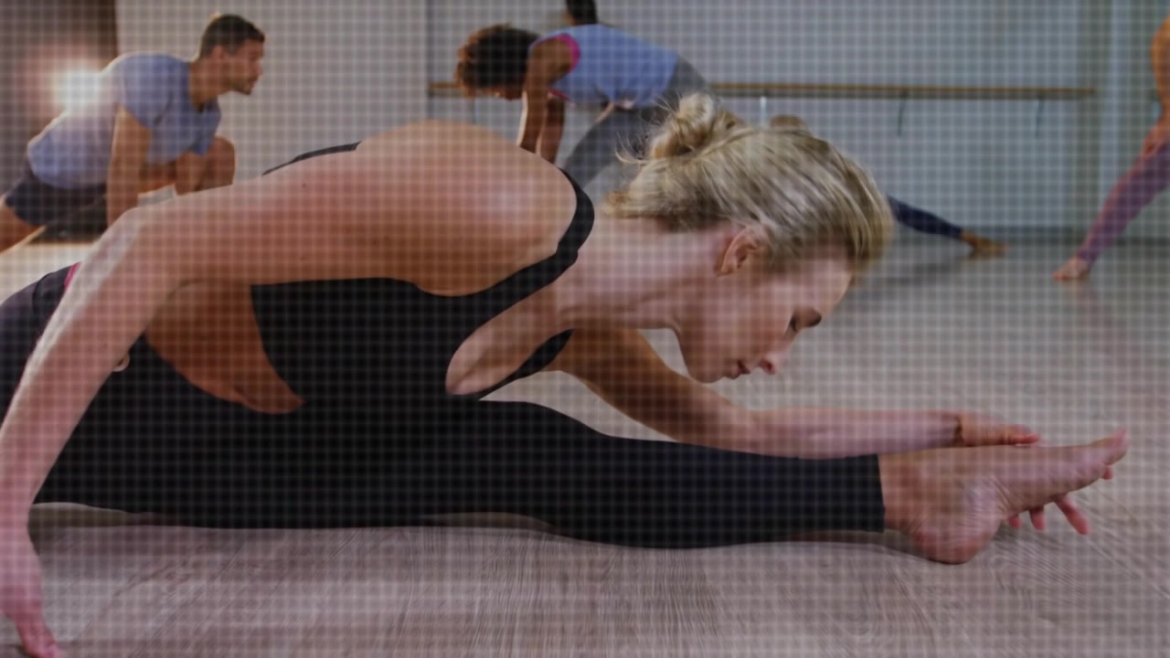 Lead woman starting forward slide, fitness class copying, deepening, wave crossing legs for stretch