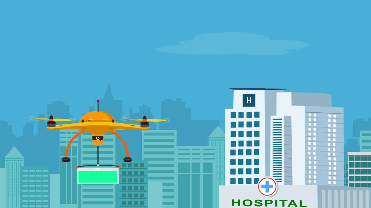 Un drone che consegna una scatola di forniture con una toppa verde personalizzabile sulla scatola a un ospedale in una città