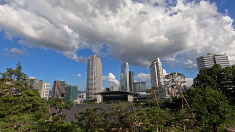 clouds formation timelapse over wtc seoul trade tower and coex convention and exhibition center, intercontinental hotel and asem tower building view from the hilll of bongeunsa temple