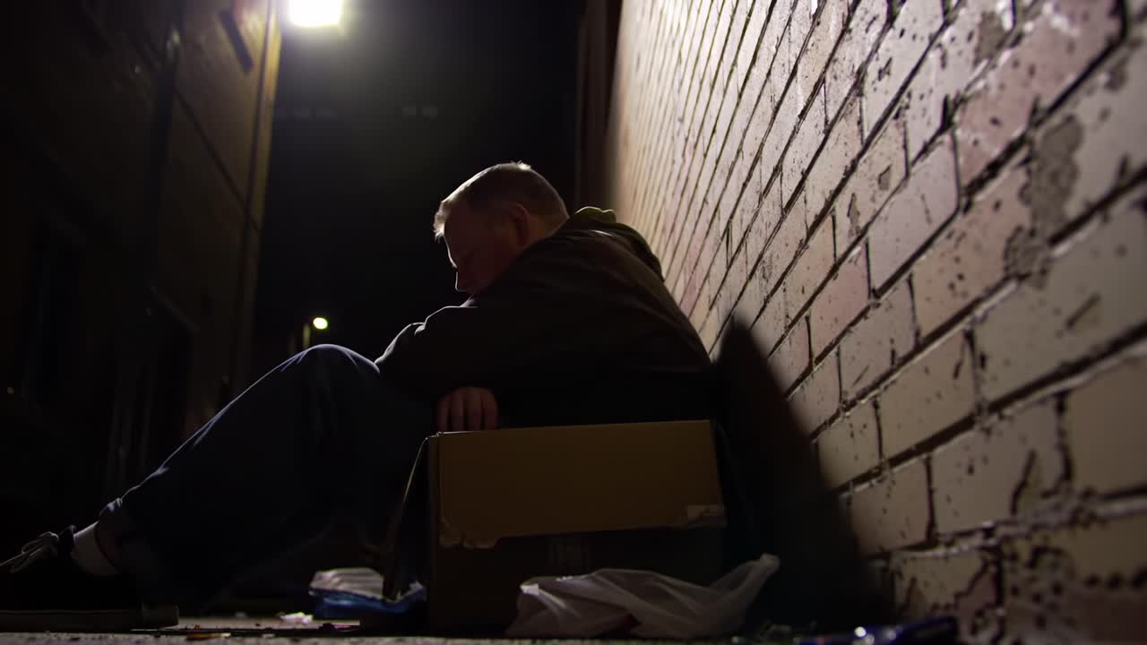 A somber portrayal of a solitary figure seated on a cardboard box in a dimly lit alleyway, illustrating moments of reflection amidst urban challenges and loneliness