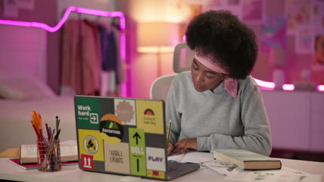 joven estudiando en un escritorio en su dormitorio