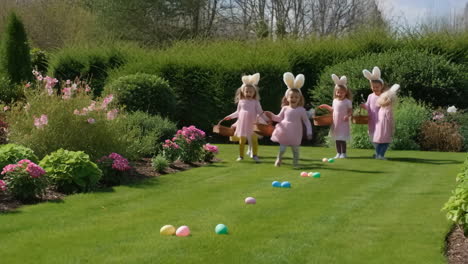 joyful children on an easter egg hunt in a lush garden