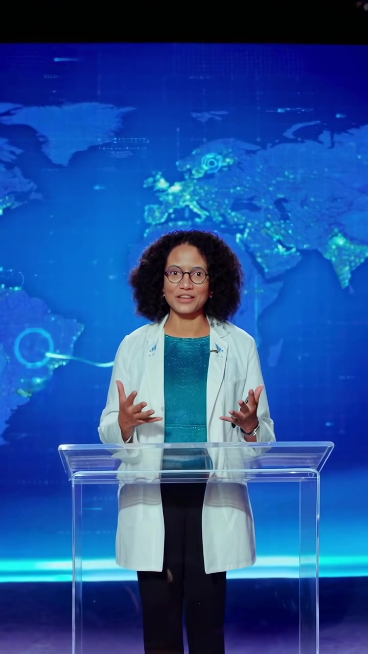 Female Scientist Presenting Global Data on Digital Screen
