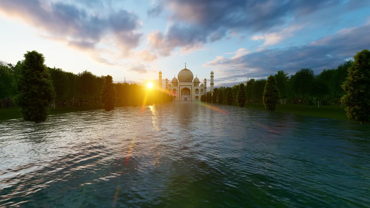 восхождение тадж-махала с красивым заходом солнца