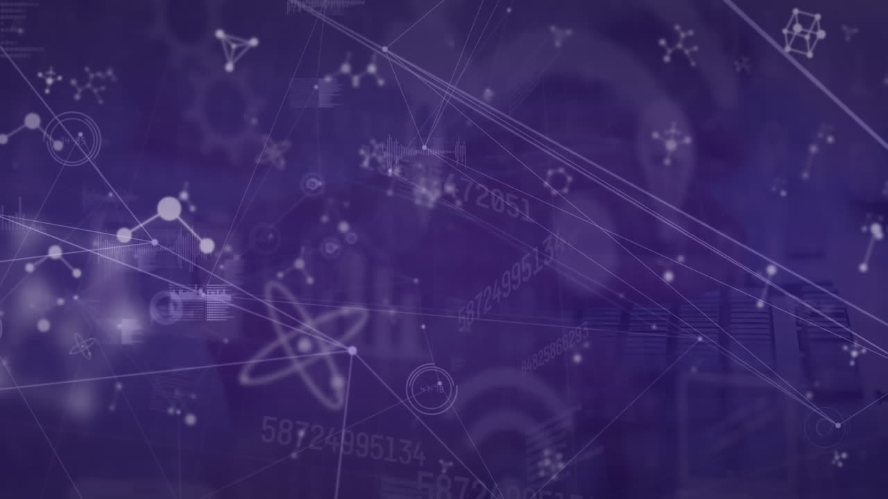 Animation of moving molecules network of connections on purple background