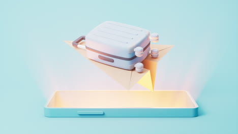 mobile phone with flying luggage on it, 3d rendering.