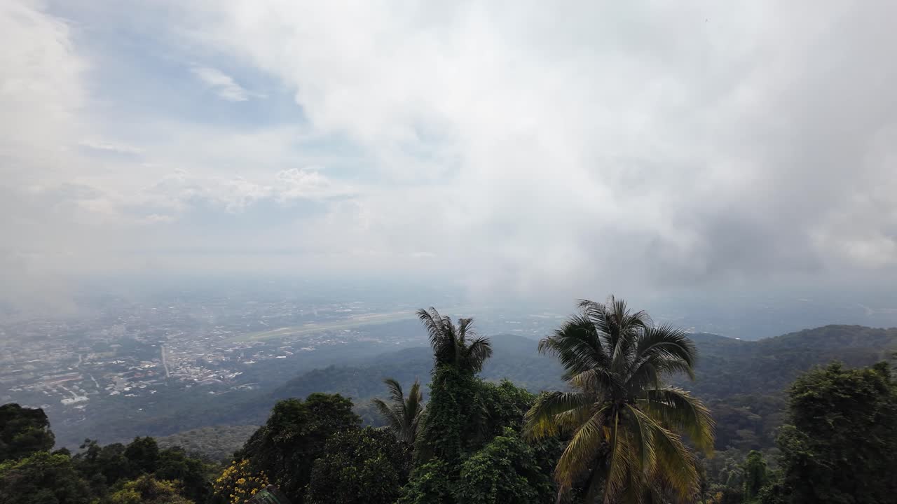 Distant Chiang Mai city below a hazy sky with green forest and palm trees in foreground