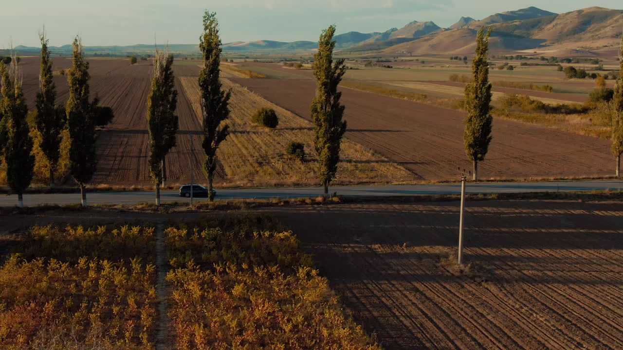 晴れた日に、舗装された道路を山に向かって高速で走行する青い車の空中追跡ショット