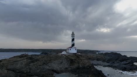 a zoomed-out view of the favàritx lighthouse on a cloudy day, menorca