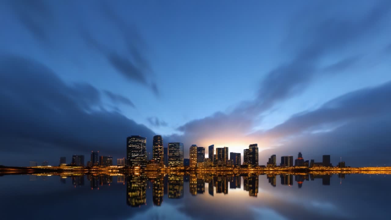 Stunning Skyline Reflections: A Captivating Dual Perspective of Urban Architecture from Day to Night Over a Calm Water Surface