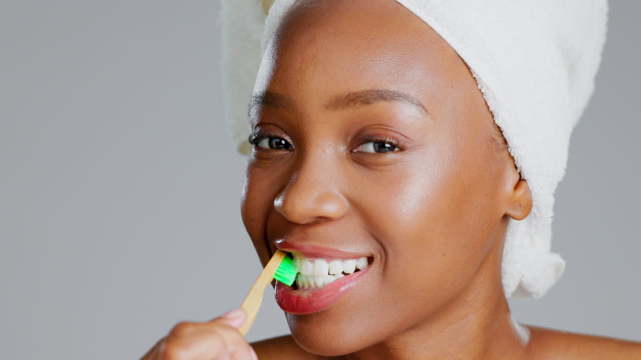 Face, black woman and toothbrush for dental