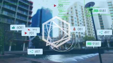 animation of geometrical shapes and social media icons over cityscape