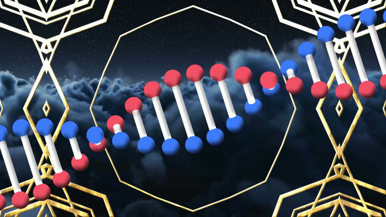 Animazione di un motivo astratto con elica di DNA su una vista aerea di nuvole nebbiose e stelle nel cielo