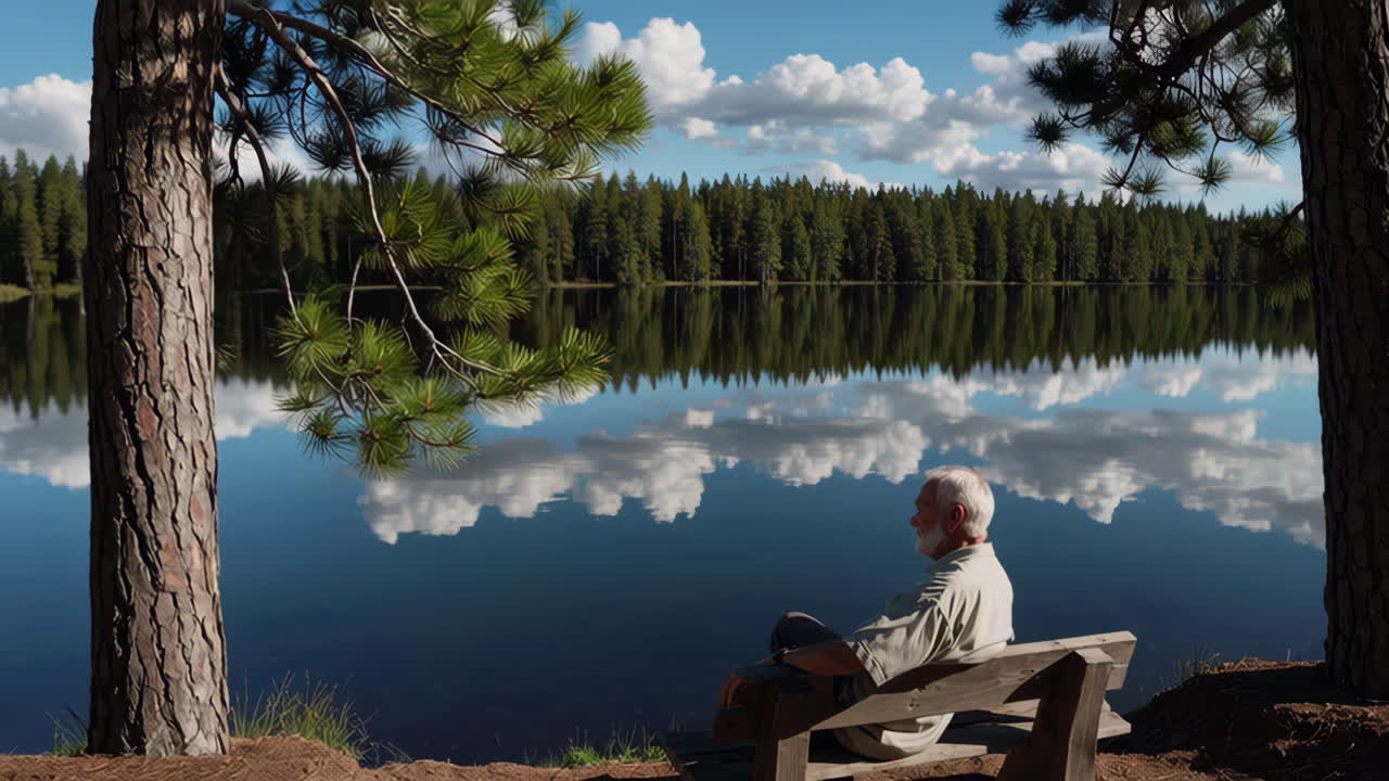 Senior Man Relaxing by a Lake in a Forest