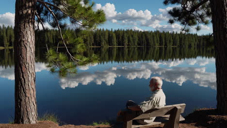 senior man relaxing by a lake in a forest