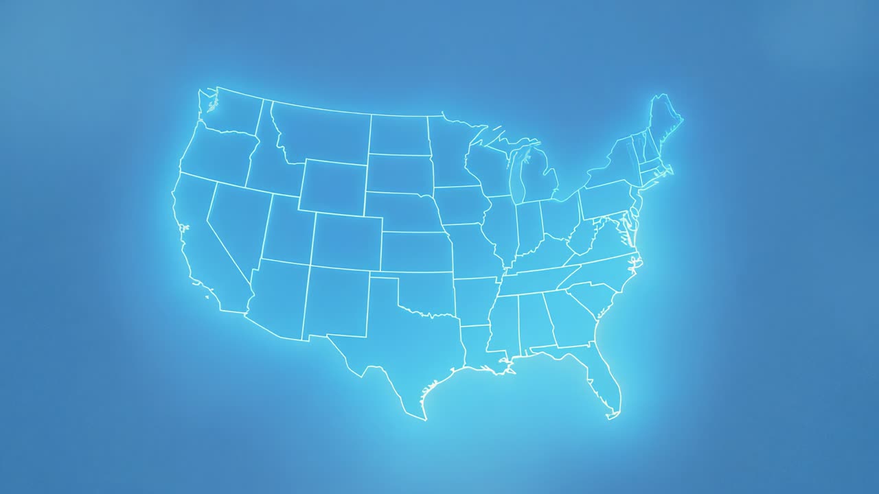 Appearing neon-blue outline US map pulsing on blue gradient background, highlighting state borders