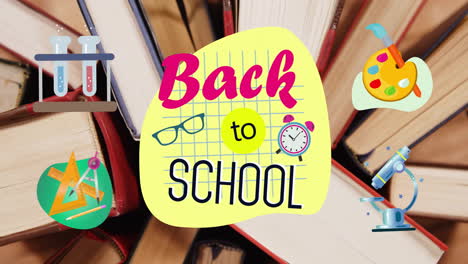 Back to school graphic being animated over stacked books, featuring flat design education icons