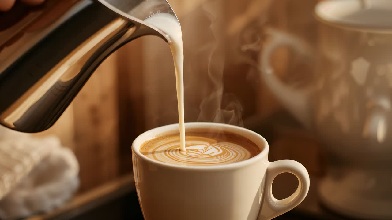 Hældning af mælkekande, der hælder dampet mælk i en keramikkop ved kaffebaren og danner en roset