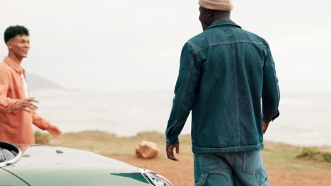 two friends enjoying a road trip by the ocean.