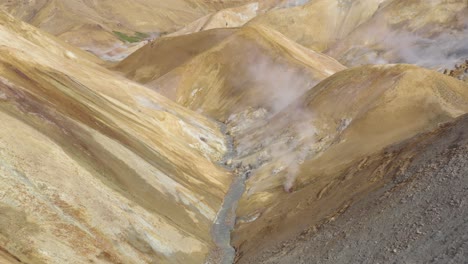 steam rising from scenic fumerole area in iceland kerlingarfjöll, aerial