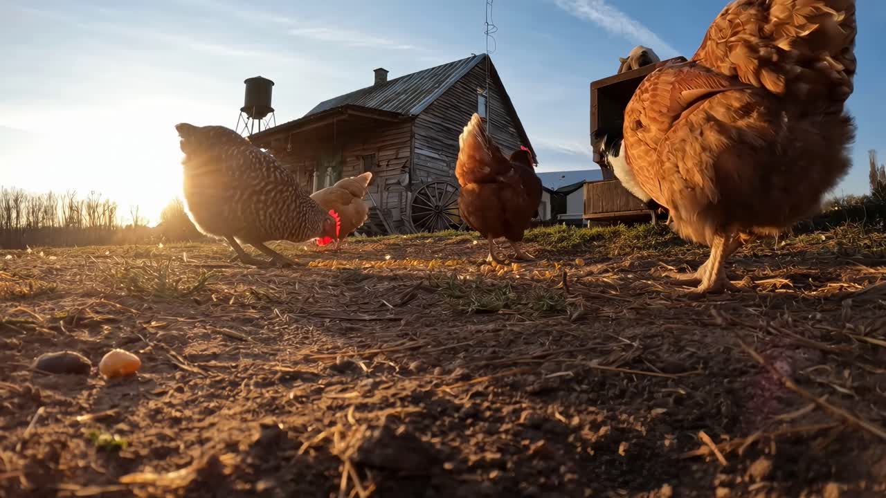 Vídeo a contrapicado de gallinas picoteando al atardecer en una granja rústica, capturando una escena rural serena