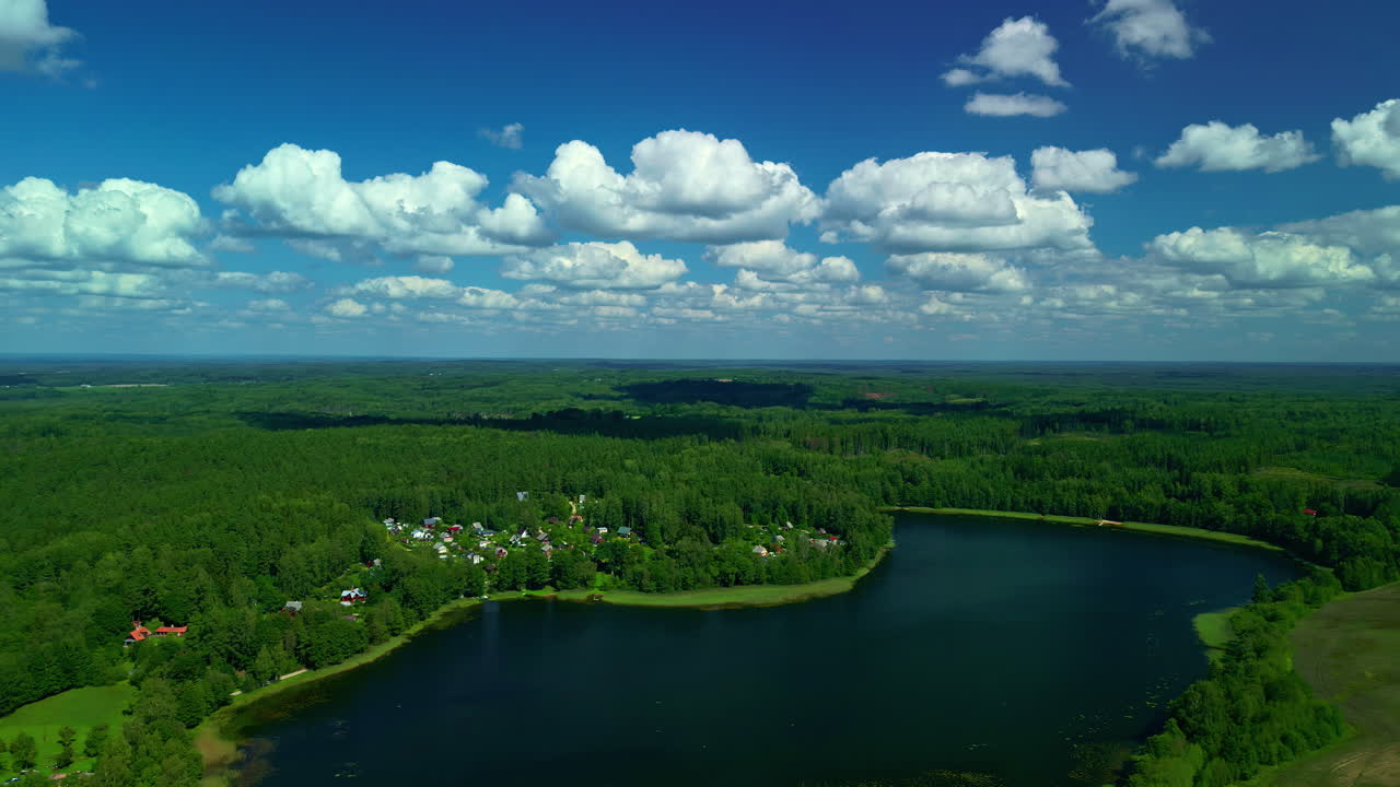 High bird's eye view in a blue sky with white clouds over a lake in a forest