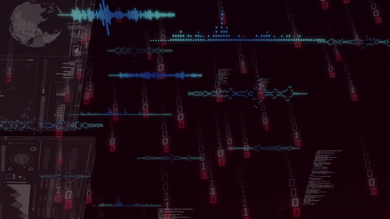 Digital data streams and binary code animation over dark background