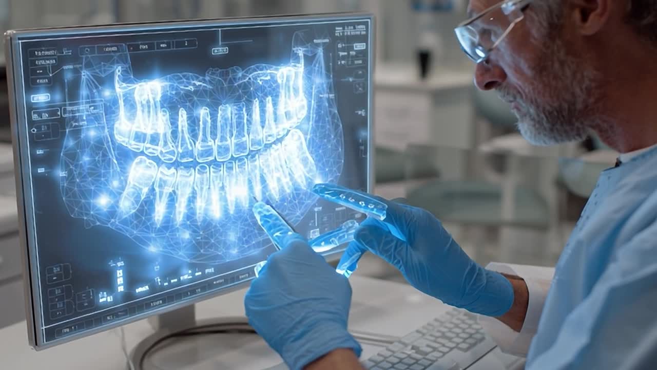 Dentist analyzing digital dental x-rays in a modern clinic setting
