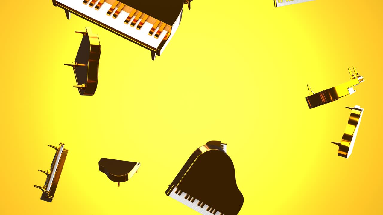 황금 바탕에 떨어지는 황금 피아노.